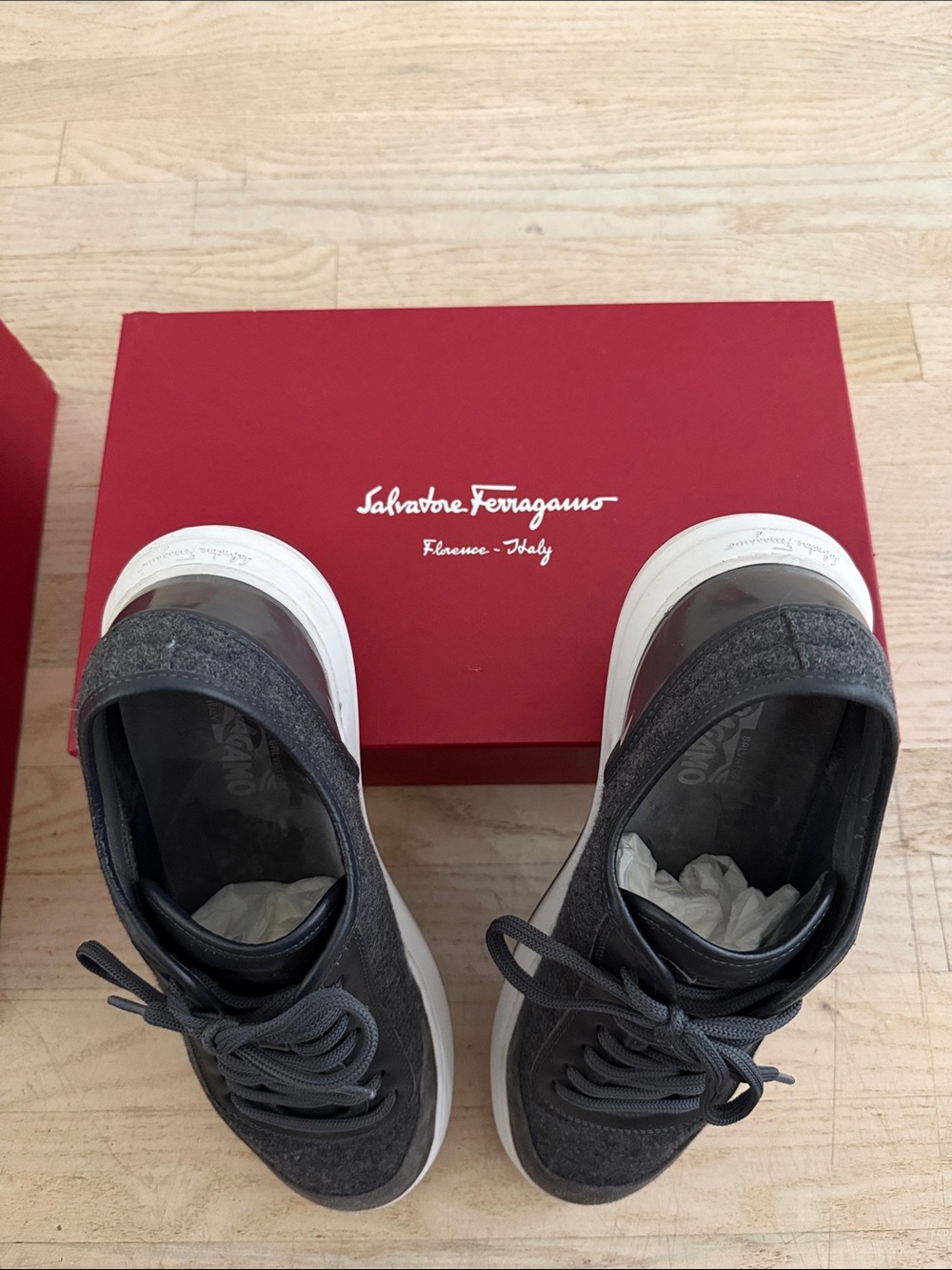 Salvatore Ferragamo Men’s Gray Leather and Suede Sneaker with White Sole - Picture 4 of 5